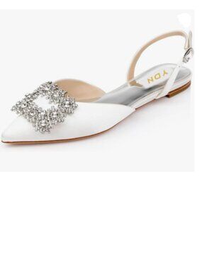 YDN White Sparking Pointed Toe Flat Pumps Rhinestone Buckle Slingback Sandals